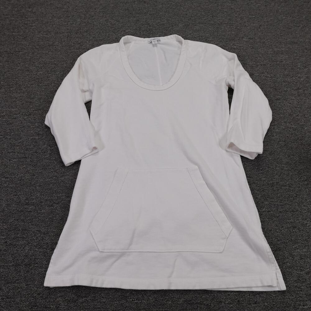 James Perse Shirt Womens 2 White Longline Tunic 3/4 Sleeve Raglan Pocket Top